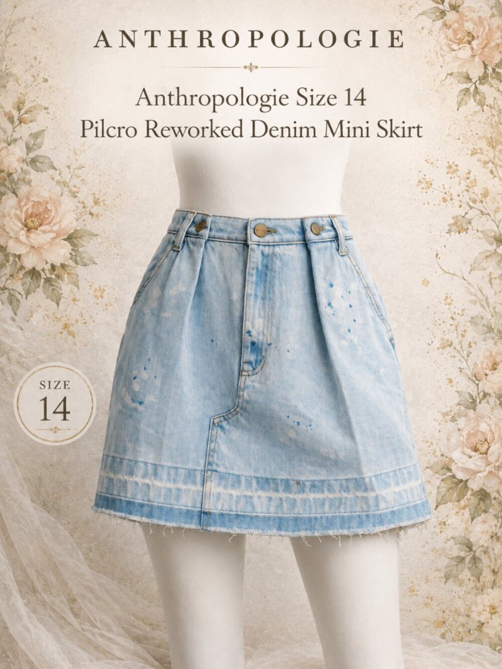 Pilcro Anthropologie Denim Mini Skirt Size 14 Reworked Paint Splatter NWT